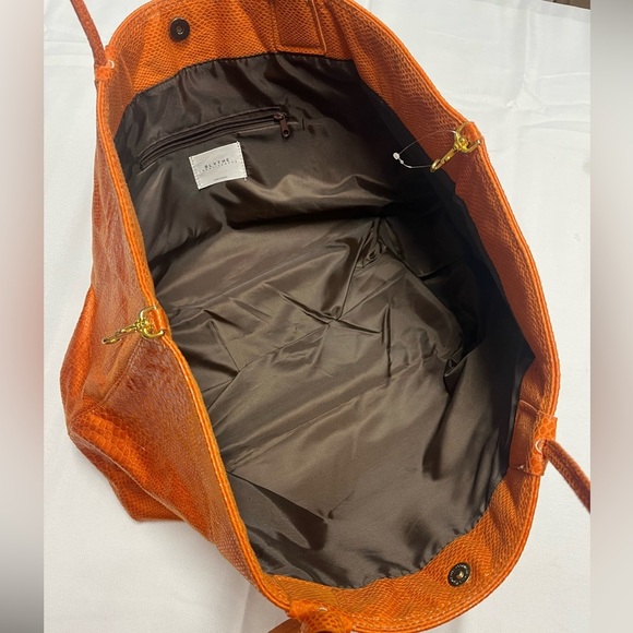 Blythe Orange Snakeskin Tote Woven Faux Leather Large Travel Bag 12”x 24”x 7” - Picture 5 of 9